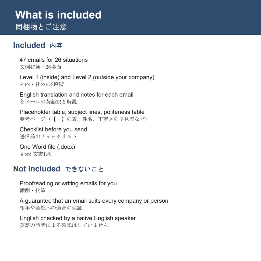 Business Japanese Email Templates|47通・英語訳と解説つき|ビジネスメール文例集【Word】