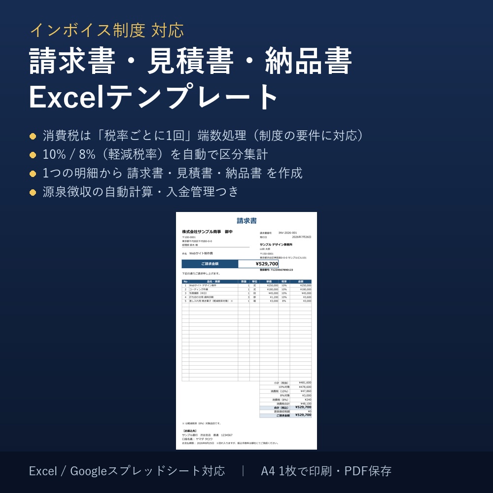 インボイス制度対応 請求書・見積書・納品書 Excelテンプレート【源泉徴収・入金管理つき】