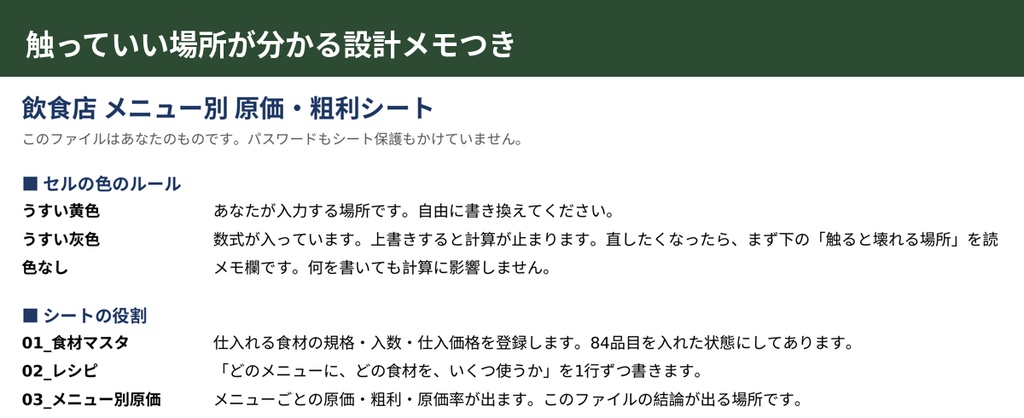 食材84品目入り 原価計算Excel渡します