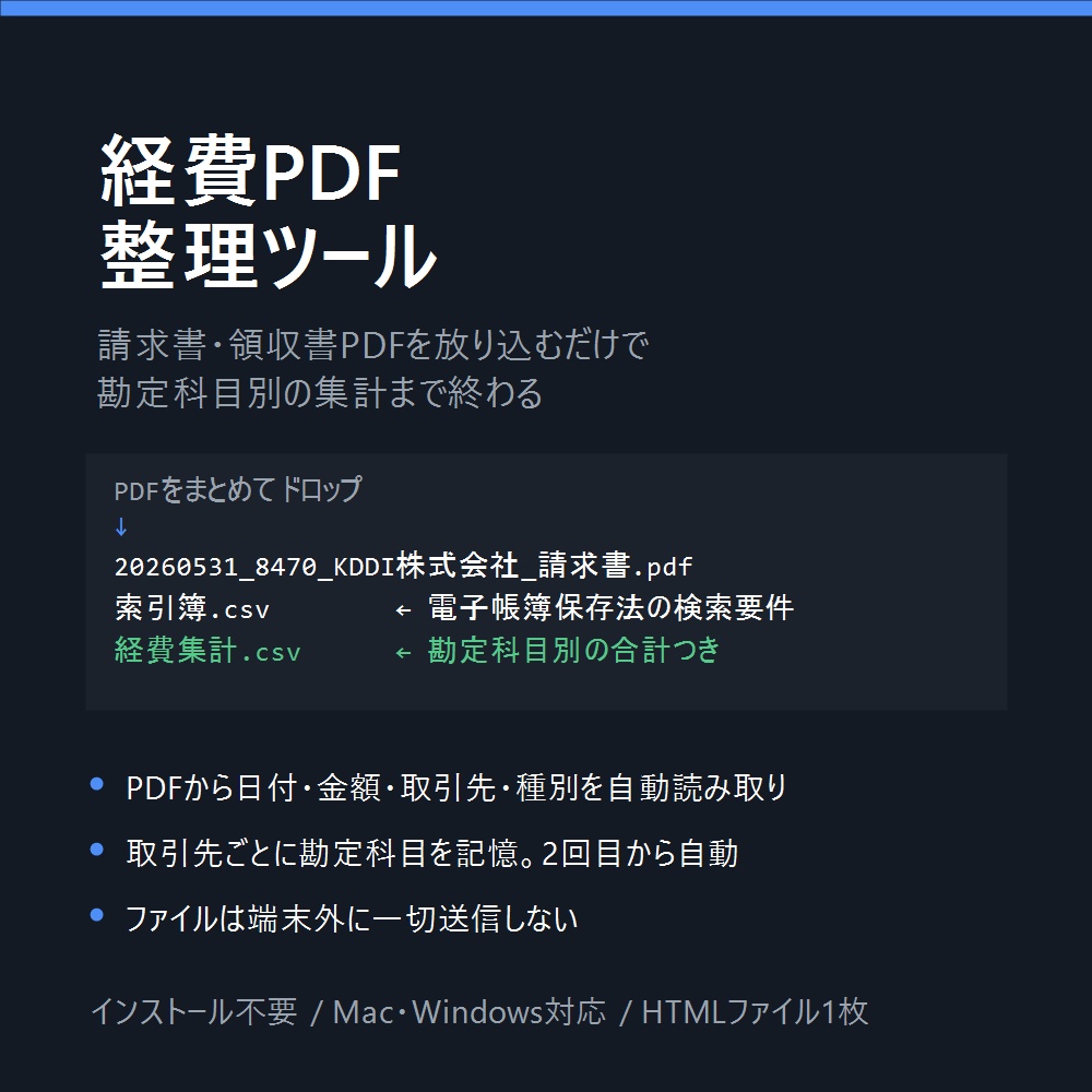 経費PDF整理ツール|請求書・領収書PDFを一括リネーム+勘定科目別に自動集計(電帳法の索引簿も同時作成)
