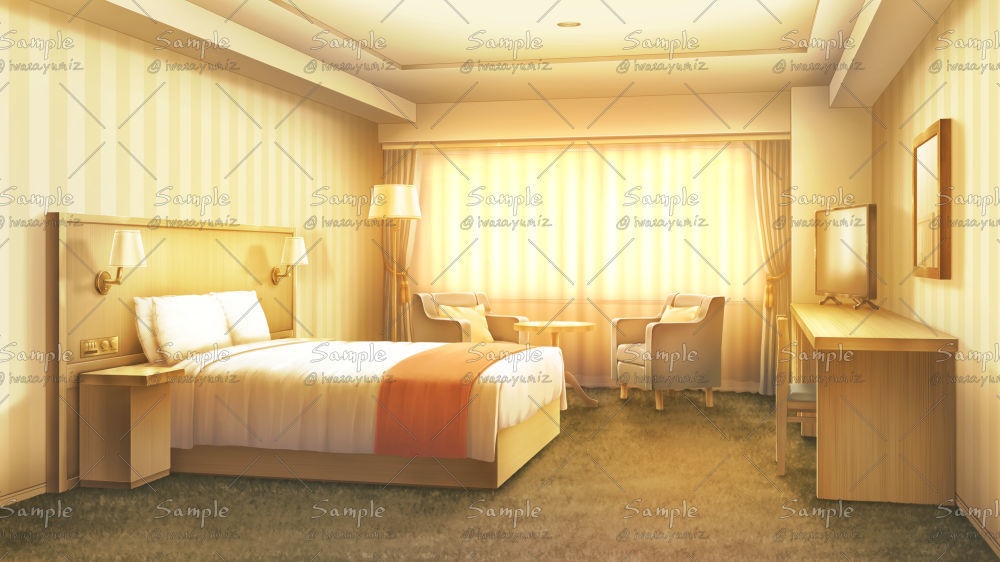 【背景素材】ホテル客室(ダブルルーム)・無料版/時間差分あり