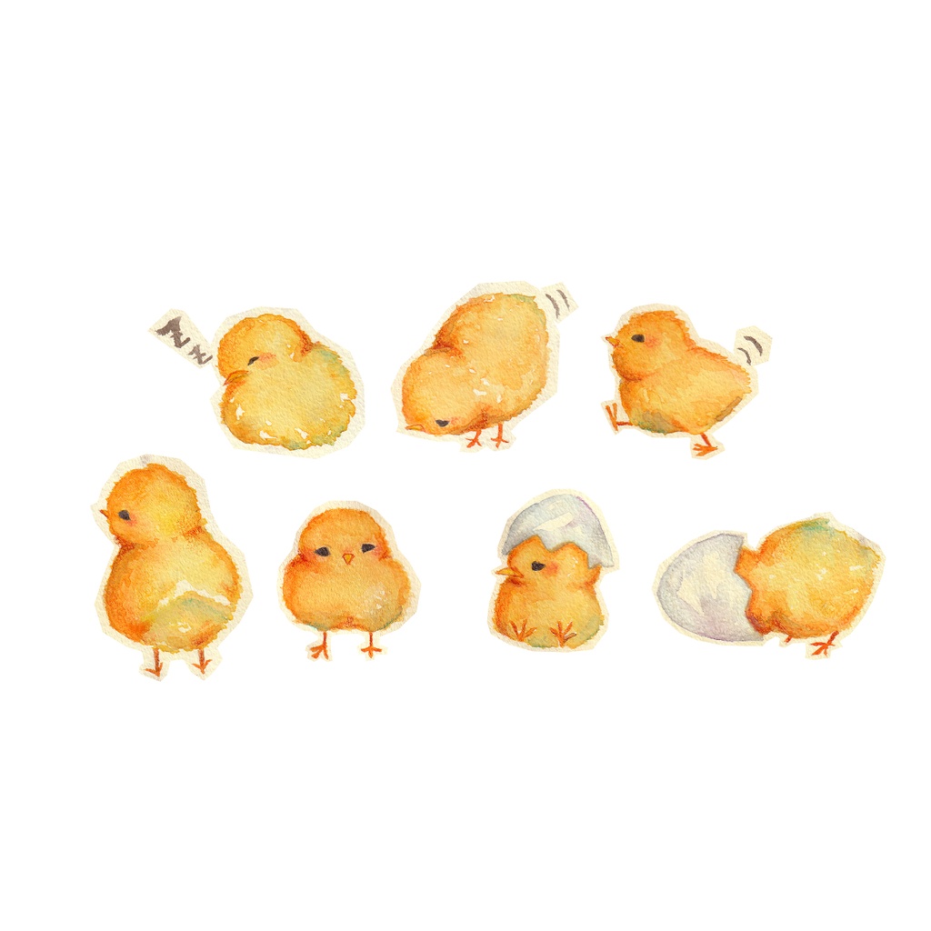 ひよこフレークシール 14枚セット 7種類×2枚 水彩で可愛い絵本風デザイン