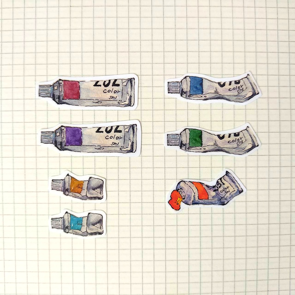 水彩絵の具7色セット ミニサイズステッカー 耐水&UVカット・光沢素材で長期間綺麗