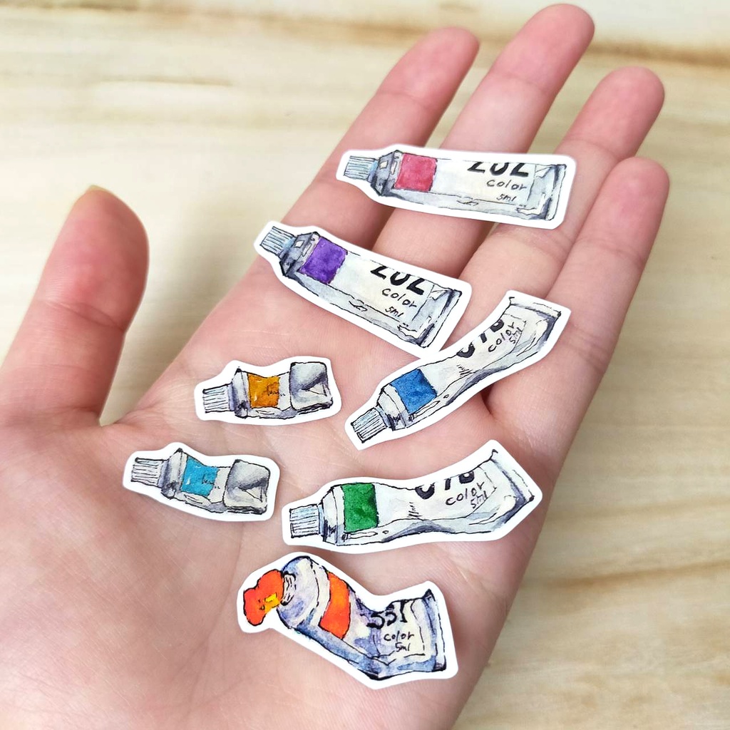 水彩絵の具7色セット ミニサイズステッカー 耐水&UVカット・光沢素材で長期間綺麗