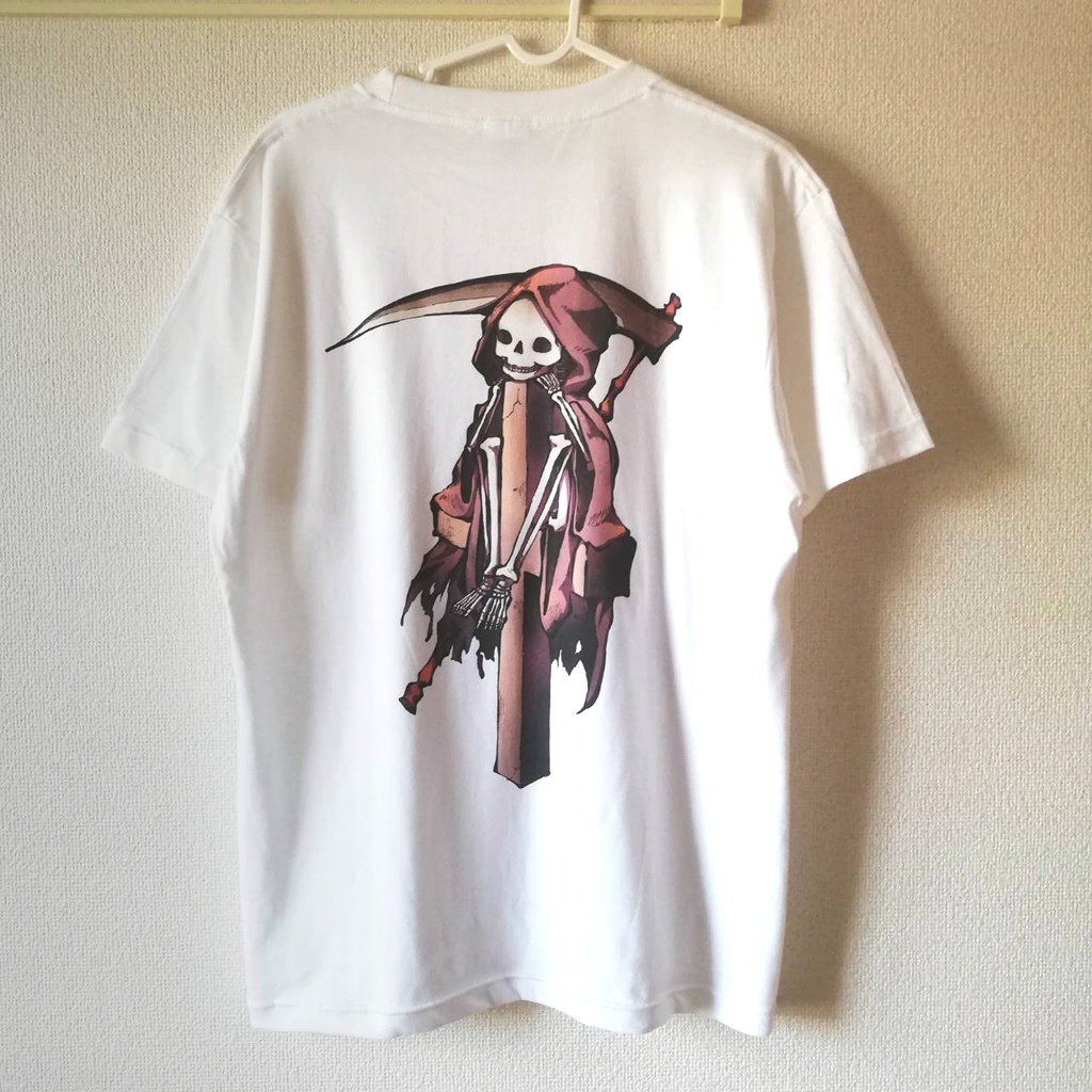 【送料無料】待ちぼうけの死神 バックプリント 半袖 シンプル 白Tシャツ オリジナル手描きイラストデザイン