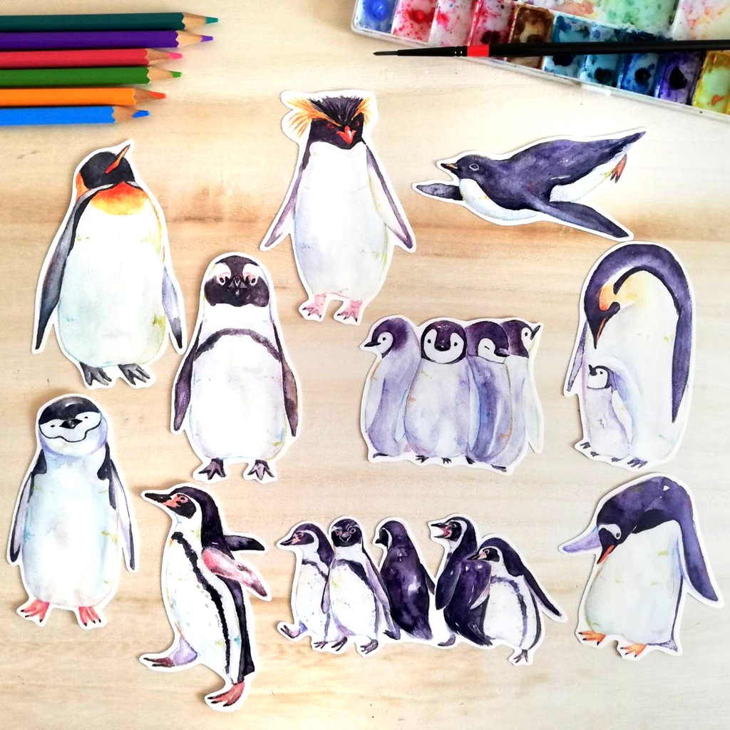 選べる10種類 絵本風ペンギンさんのステッカー 耐水 Uvカット 光沢素材で長期間綺麗 オトンノアトリエ Booth