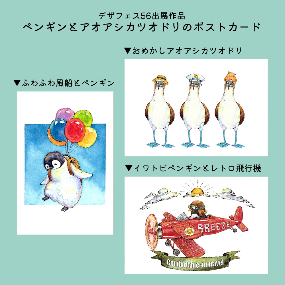 ペンギンとアオアシカツオドリのポストカード（ばら売り）