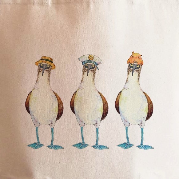 【送料無料・2サイズ】おめかしアオアシカツオドリのトートバッグ 絵本風水彩デザイン