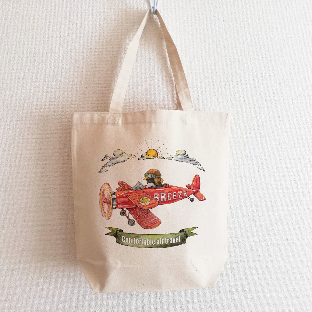 【送料無料・2サイズ】イワトビペンギンのレトロ飛行機トートバッグ 絵本風水彩デザイン