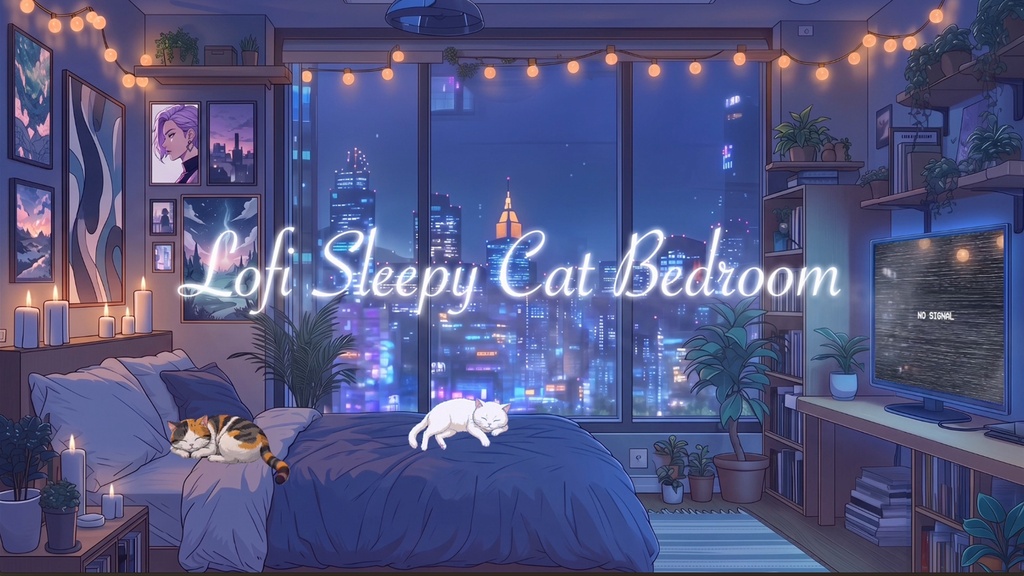 【動く背景素材/待機画面/2K+1080p】雨の夜景と眠る猫のLoFiルーム|VTuber Animated Background