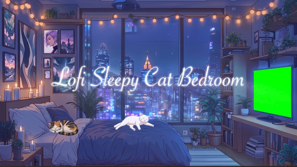 【動く背景素材/待機画面/2K+1080p】雨の夜景と眠る猫のLoFiルーム|VTuber Animated Background
