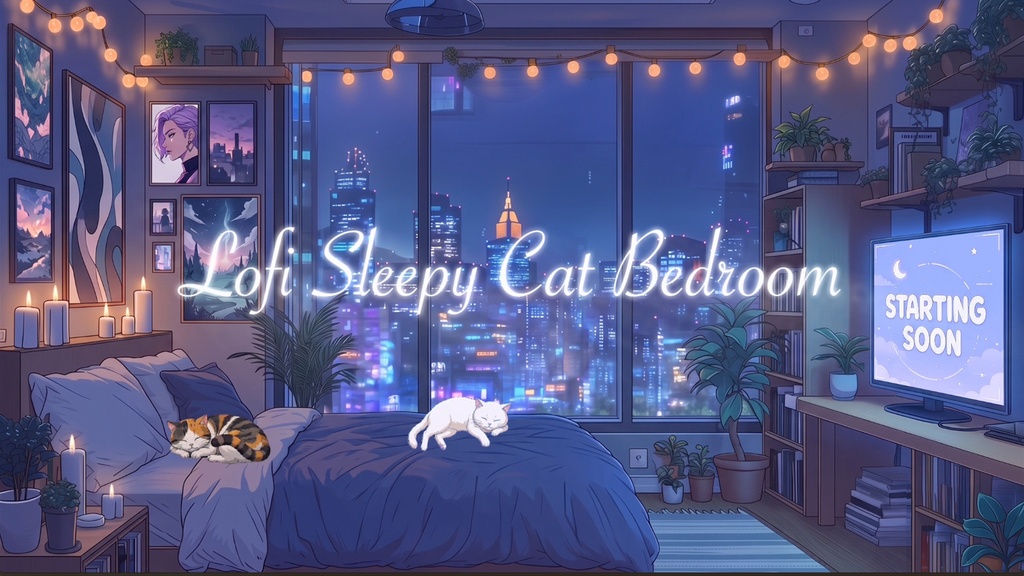 【動く背景素材/待機画面/2K+1080p】雨の夜景と眠る猫のLoFiルーム|VTuber Animated Background