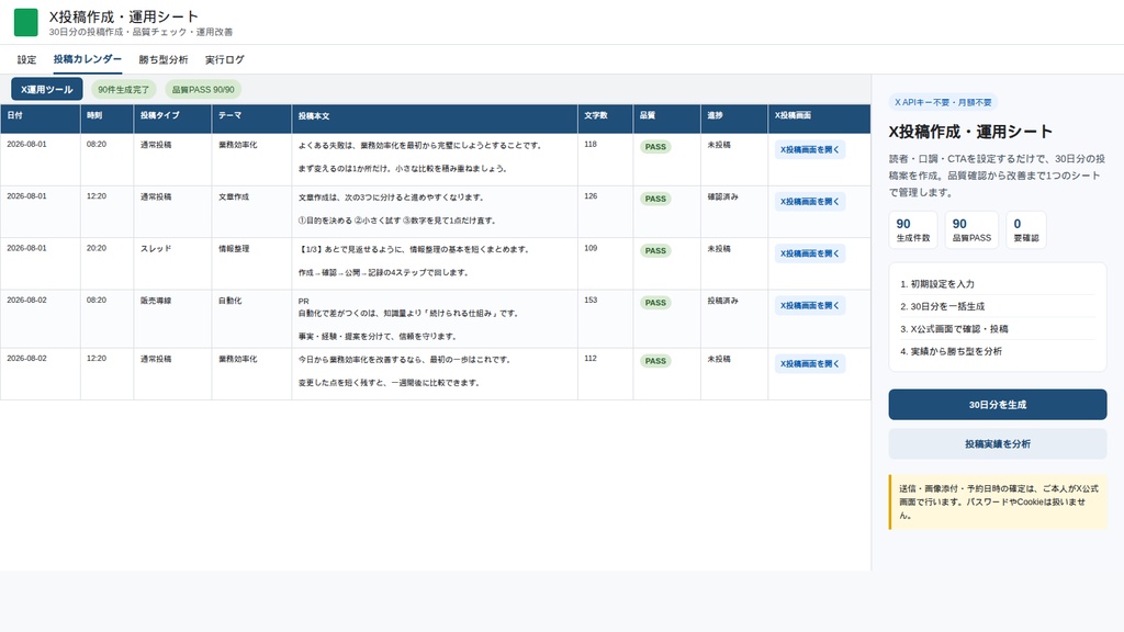 X投稿作成・運用シート|30日分最大90件