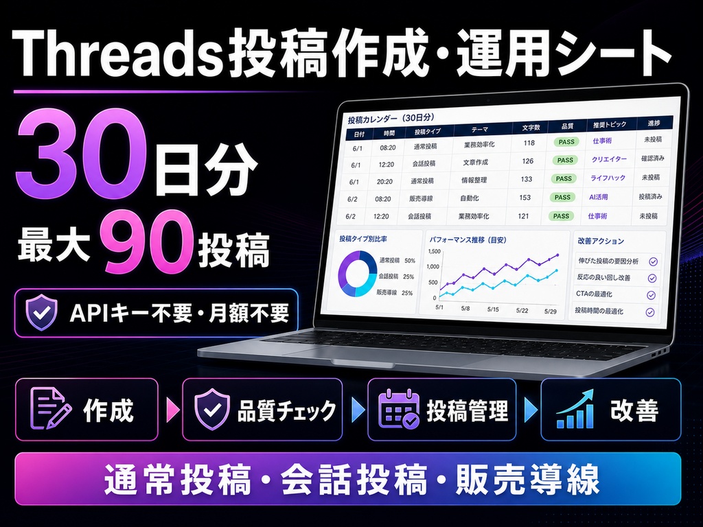 Threads投稿作成・運用シート|30日分最大90件