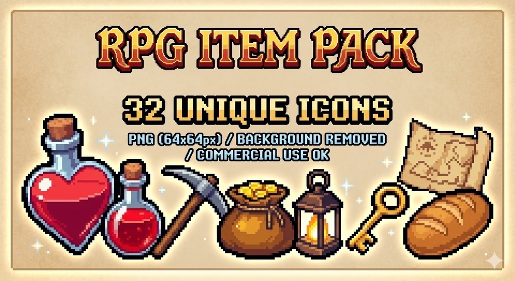 【ドット絵素材】RPG初心者村 探索アイテム＆ポーション 32種セット (背景透過PNG)