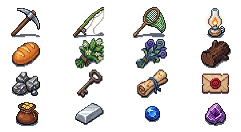 【ドット絵素材】RPG初心者村 探索アイテム&ポーション 32種セット (背景透過PNG)