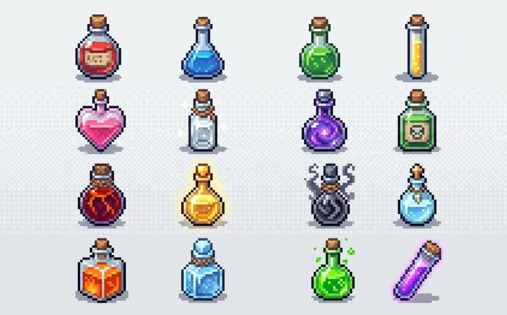 【ドット絵素材】RPG初心者村 探索アイテム&ポーション 32種セット (背景透過PNG)