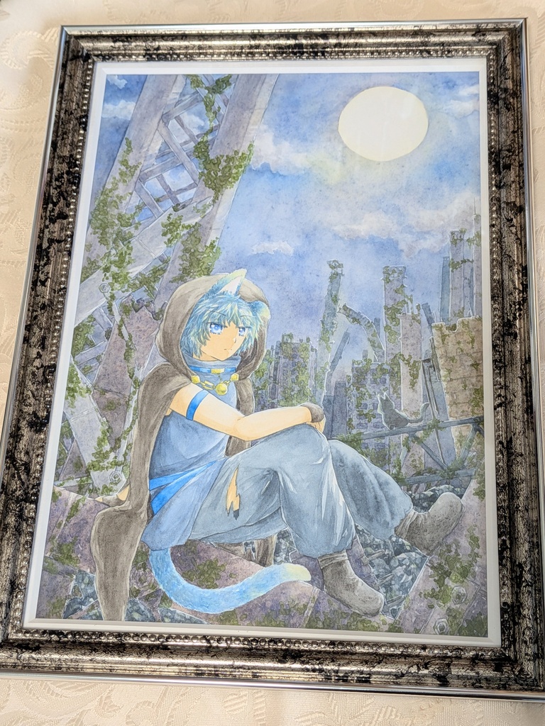 額装作品 廃墟と月と猫