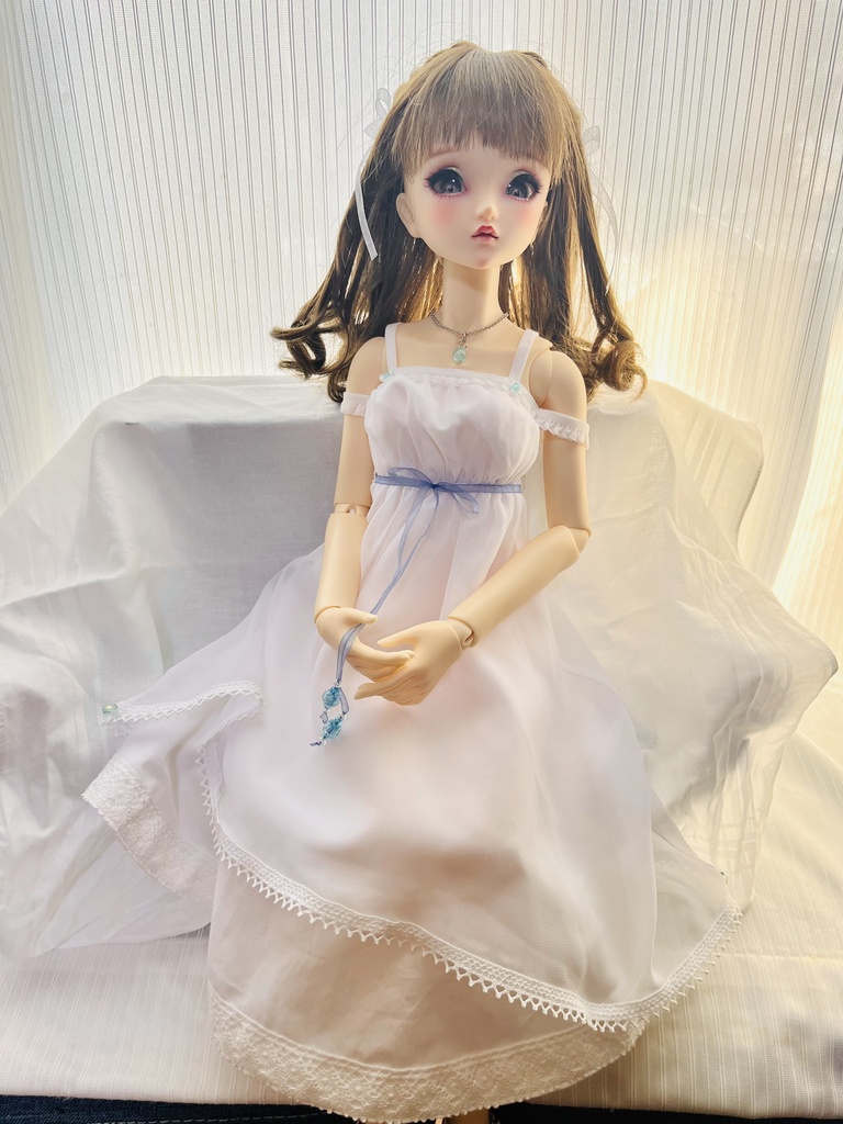 【SDGr女の子サイズ】清楚な白のサマードレスセット（アクアマリン）