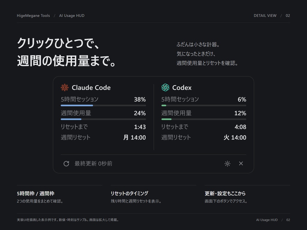 AI Usage HUD|Claude Code・Codexの使用量を常時表示するWindowsアプリ