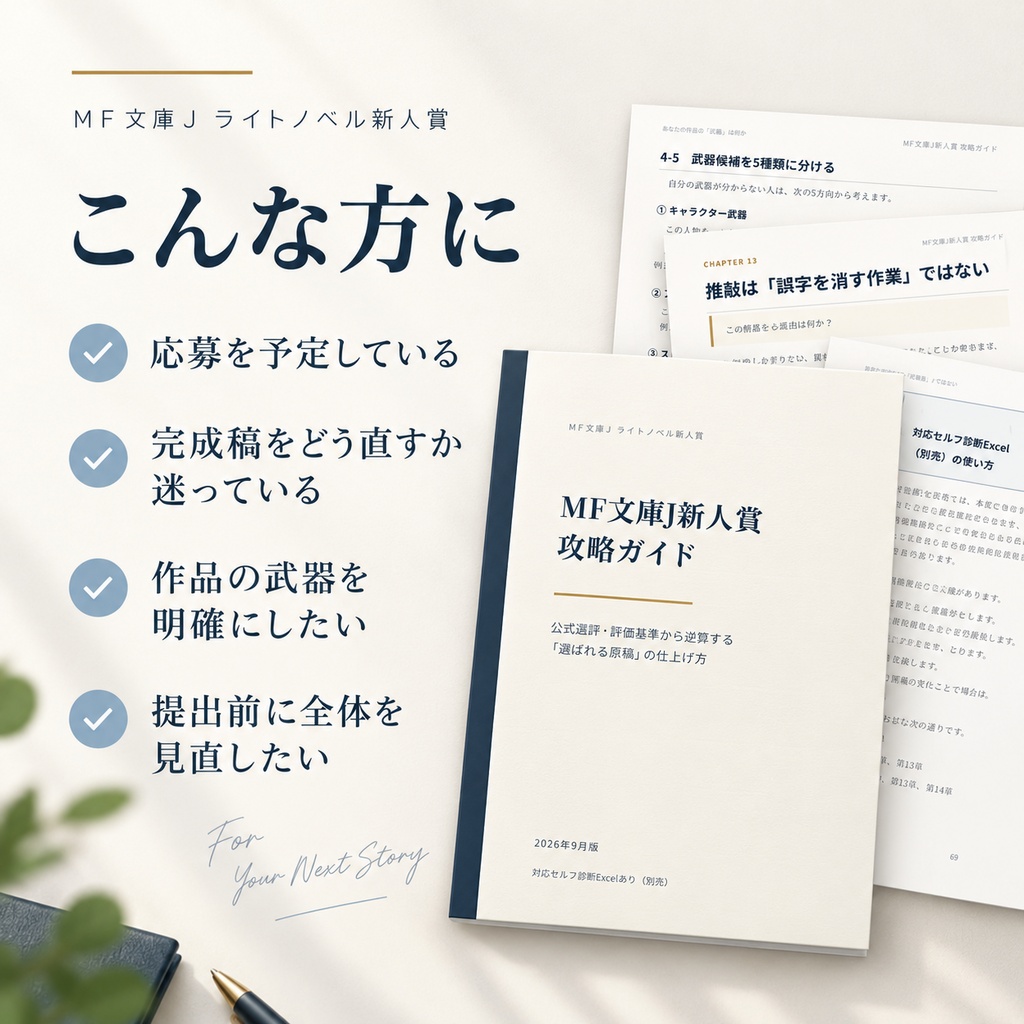 【PDF・73P】MF文庫J新人賞 攻略ガイド|公式選評・評価基準から逆算する「選ばれる原稿」の仕上げ方