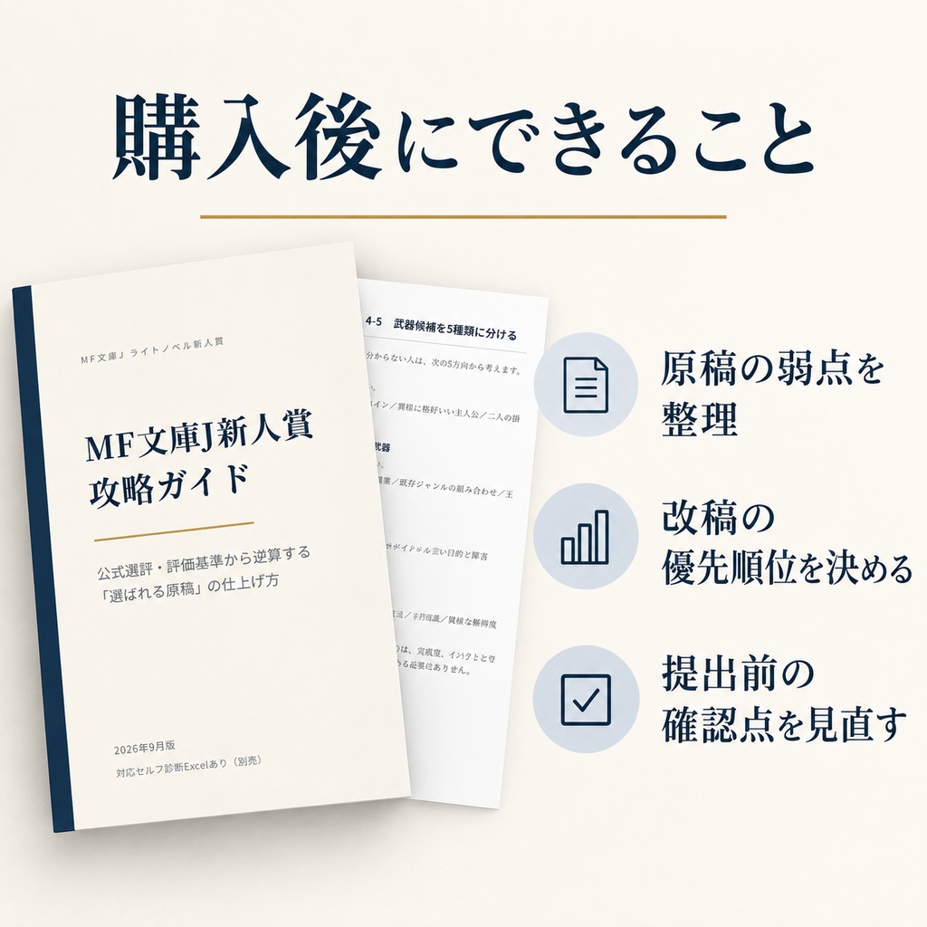 【PDF・73P】MF文庫J新人賞 攻略ガイド|公式選評・評価基準から逆算する「選ばれる原稿」の仕上げ方