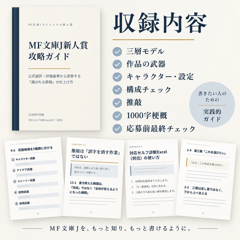 【PDF・73P】MF文庫J新人賞 攻略ガイド|公式選評・評価基準から逆算する「選ばれる原稿」の仕上げ方