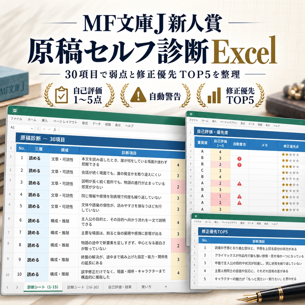 【Excel・30項目】MF文庫J新人賞 原稿セルフ診断｜弱点・修正優先TOP5を見える化