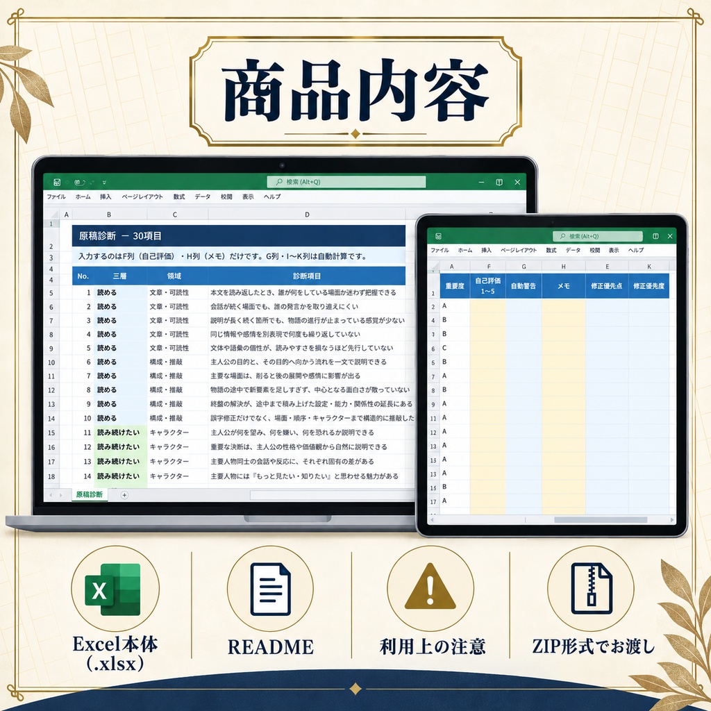 【Excel・30項目】MF文庫J新人賞 原稿セルフ診断|弱点・修正優先TOP5を見える化