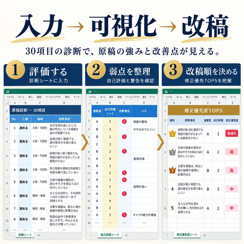 【Excel・30項目】MF文庫J新人賞 原稿セルフ診断|弱点・修正優先TOP5を見える化