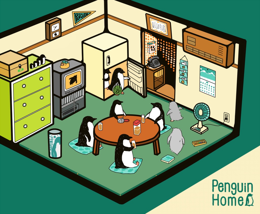 ペンギン【iPhone12・iPhone SE2対応】ペンギン・ホーム グリーン手帳型 スマホケース iPhone用【各機種あります】