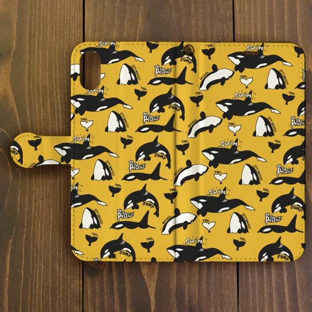 シャチ【iPhone12・iPhoneXR対応】シャチ パターン イエロー 手帳型スマホケースiPhone用【各機種あります】
