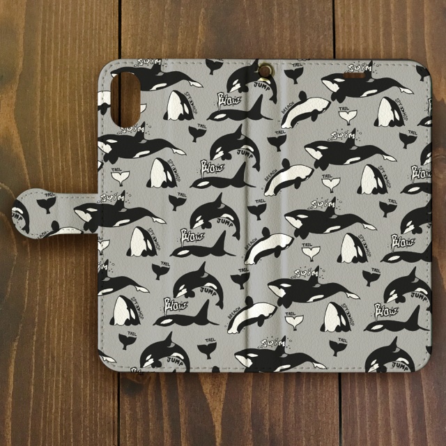 シャチ【iPhone12・iPhoneXR対応】シャチ パターン グレー 手帳型スマホケースiPhone用【各機種あります】