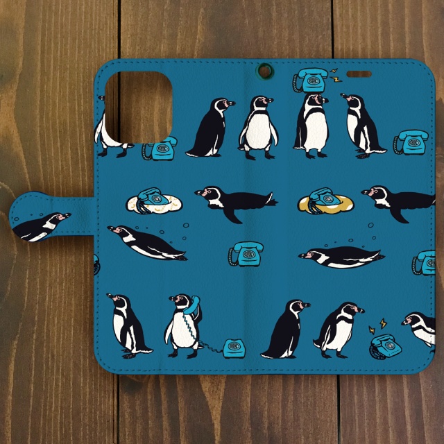 ペンギン【iPhone SE2・iPhone12対応】フンボルトペンギン・ブルー手帳型 スマホケース iPhone用【各機種あります】