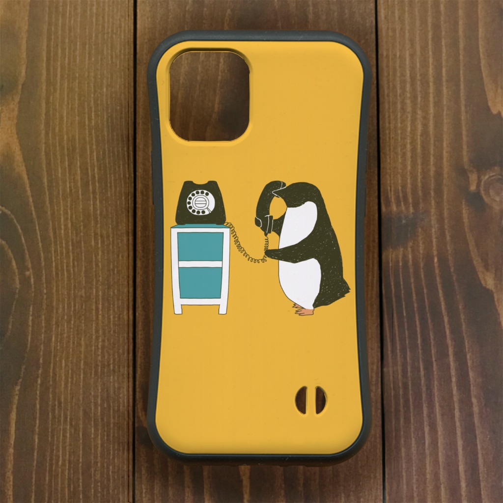 ペンギン【iPhone12・iPhone11対応】でんわ・イエロー グリップケース iPhone用【各機種あります