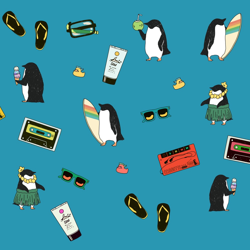 ペンギン【iPhone12・iPhone11対応】ペンギンサマー1987・ブルー・グリップケース