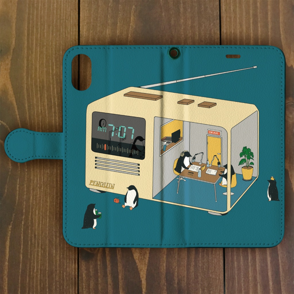 ペンギン【iPhone11・iPhoneXR対応】ペンギン・クロックラジオ・ブルー手帳型 スマホケース iPhone用【各機種あります】