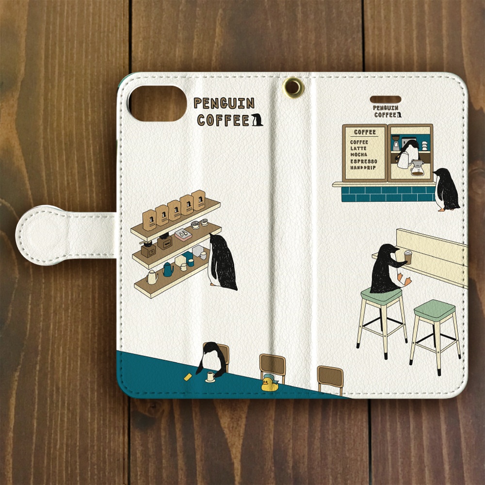 ペンギン【iPhone SE2・iPhone12対応】ペンギン・コーヒー 手帳型 スマホケース iPhone用【各機種あります】