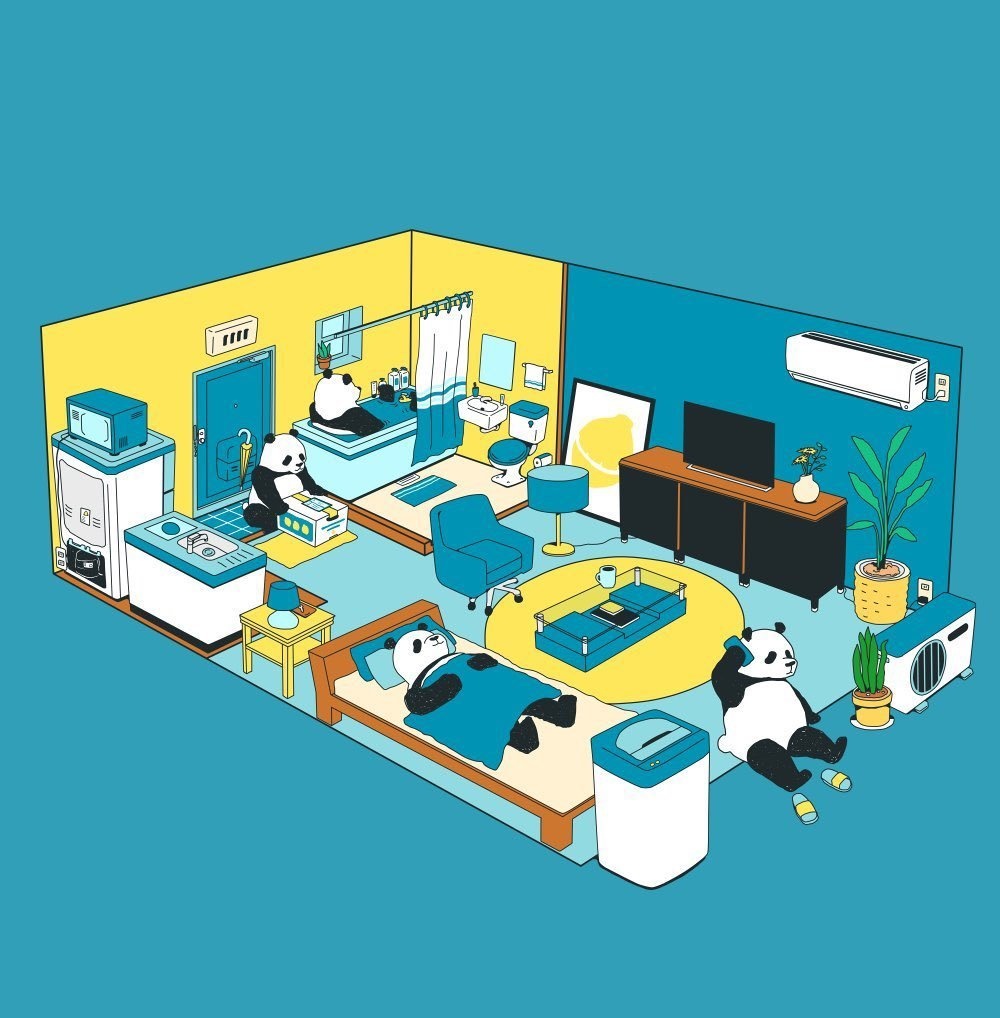 パンダ【iPhone12・iPhone13対応】パンダ・ルームツアー ブルー グリップケース iPhone用