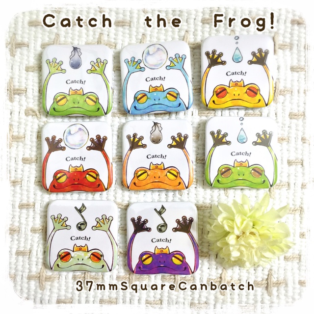 カエルさんの正方形缶バッチ★キャッチ the フロッグ