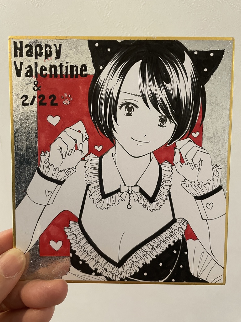  バレンタイン＆猫の日モノクロミニ色紙