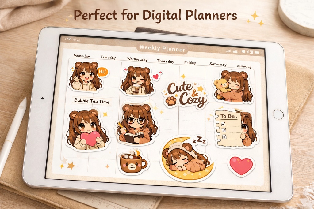 可愛い熊耳ロン毛ガールのデジタルステッカーセット