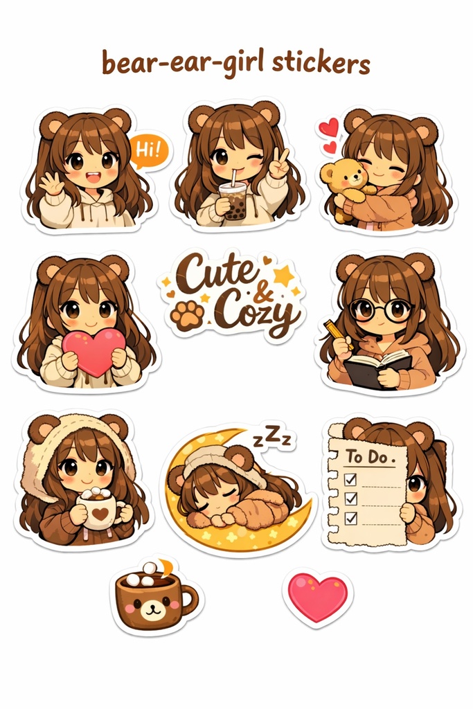 可愛い熊耳ロン毛ガールのデジタルステッカーセット