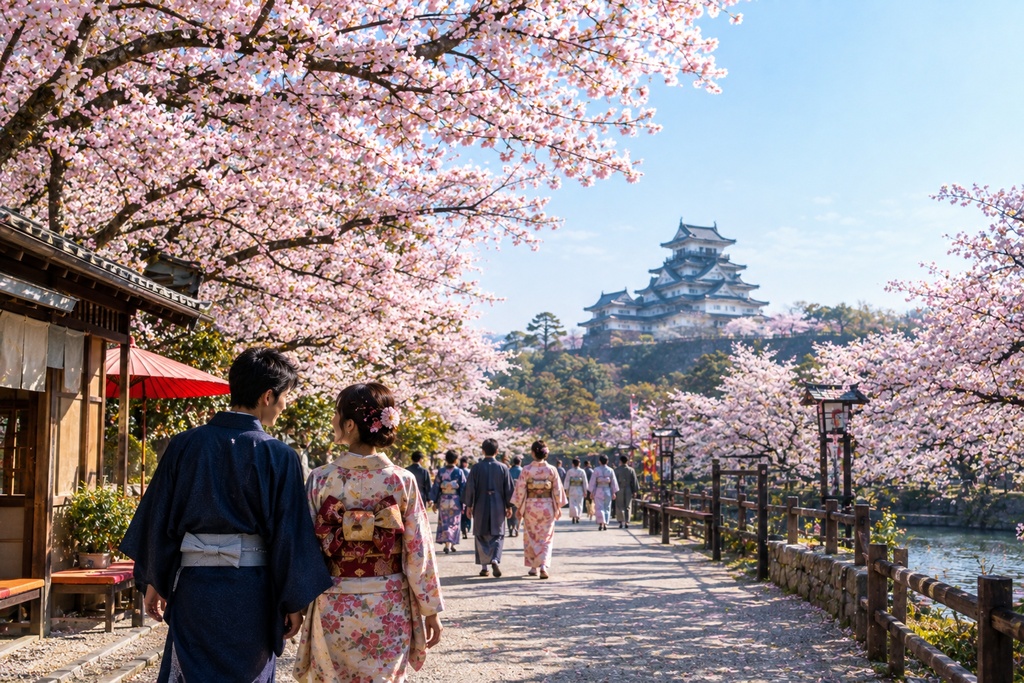 日本のお城周辺を微笑み合いながら歩く夫婦と人々