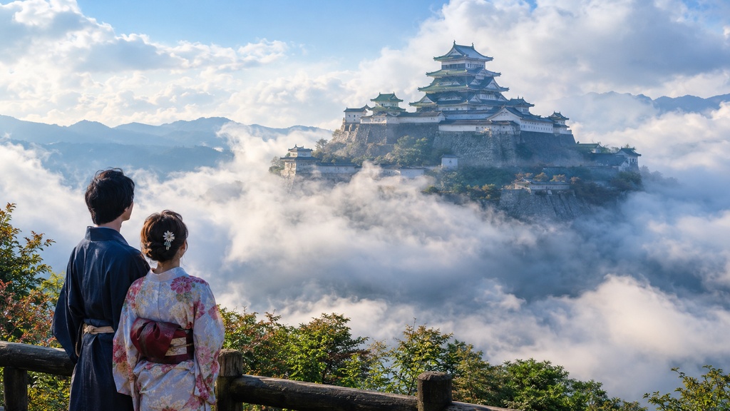 日本で天空城を見上げる若い夫婦