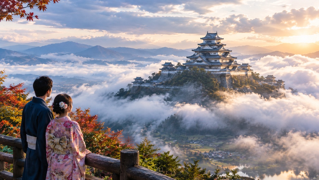日本で天空城を見下げる若い夫婦