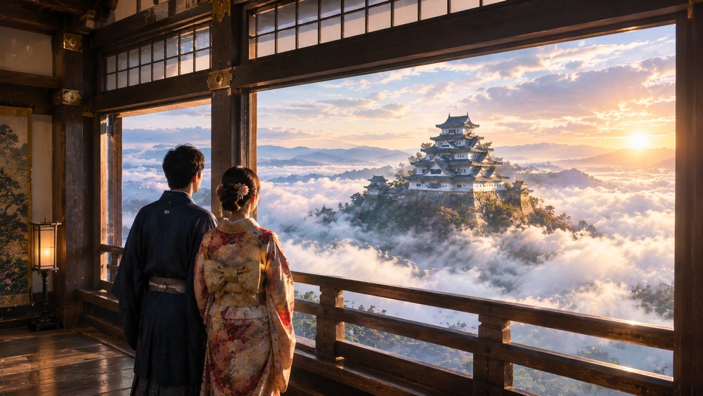 日本で天空城に向けてを登る若い夫婦