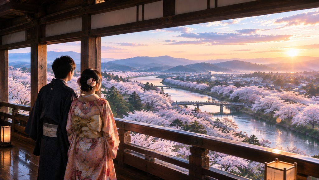 日本で天空城の天守閣の中から地上の桜と川を観る夫婦