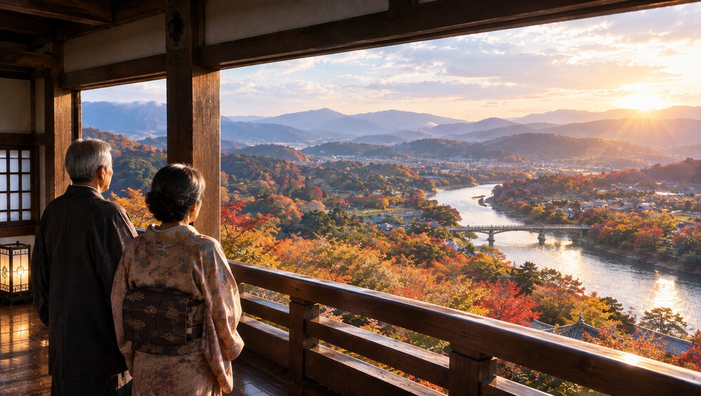 日本で天空城の天守閣の中から地上の紅葉と川を観る老夫婦