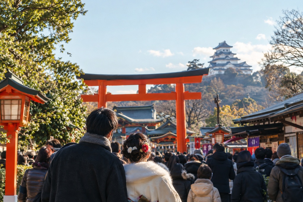 日本で人ごみの中初詣をする若夫婦